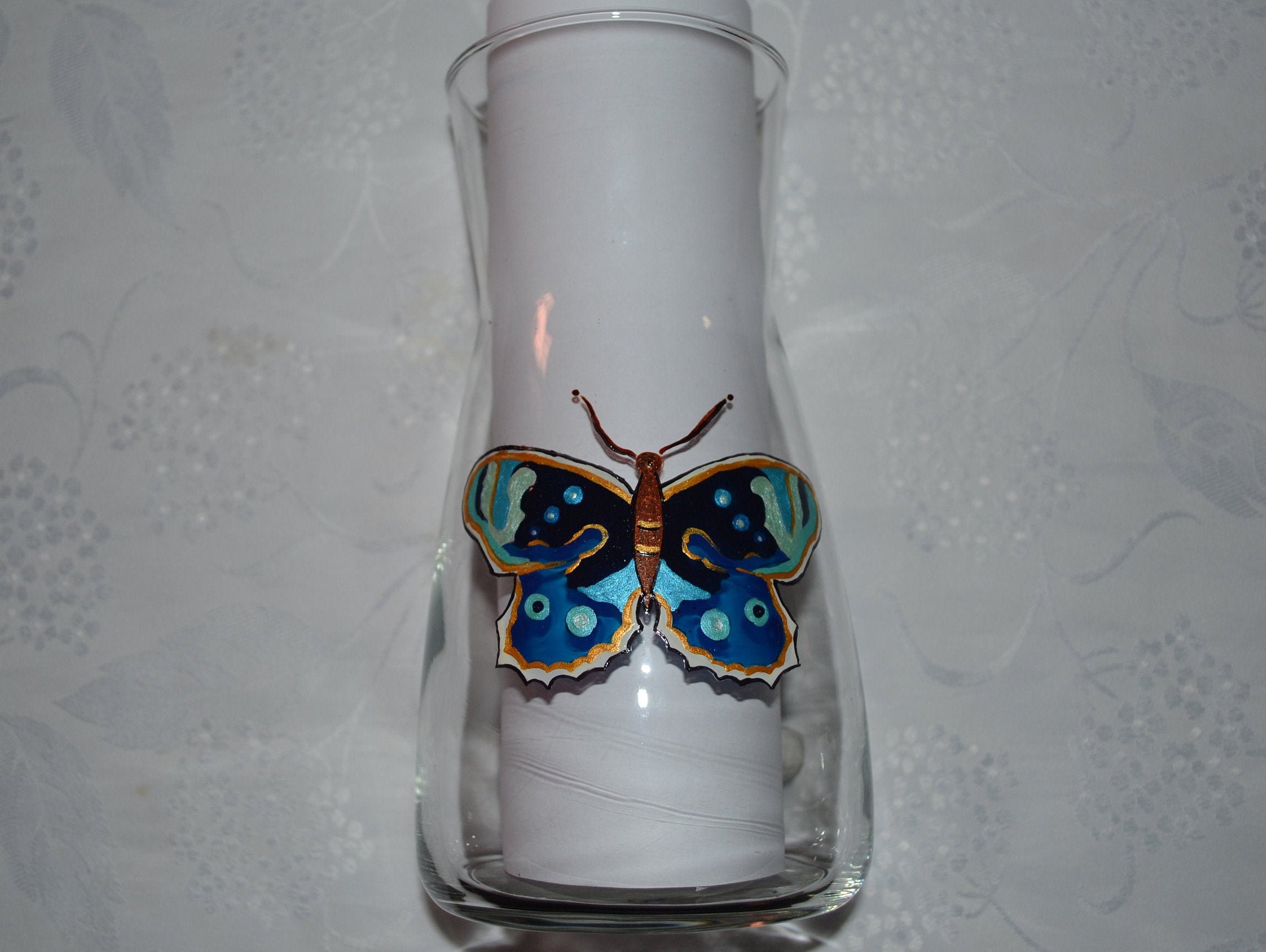 Vase en Verre Peint Papillon Bleu Or Personnalisable Etsy, Carafe Peinte Or, Vase Papillon, Vase Fra