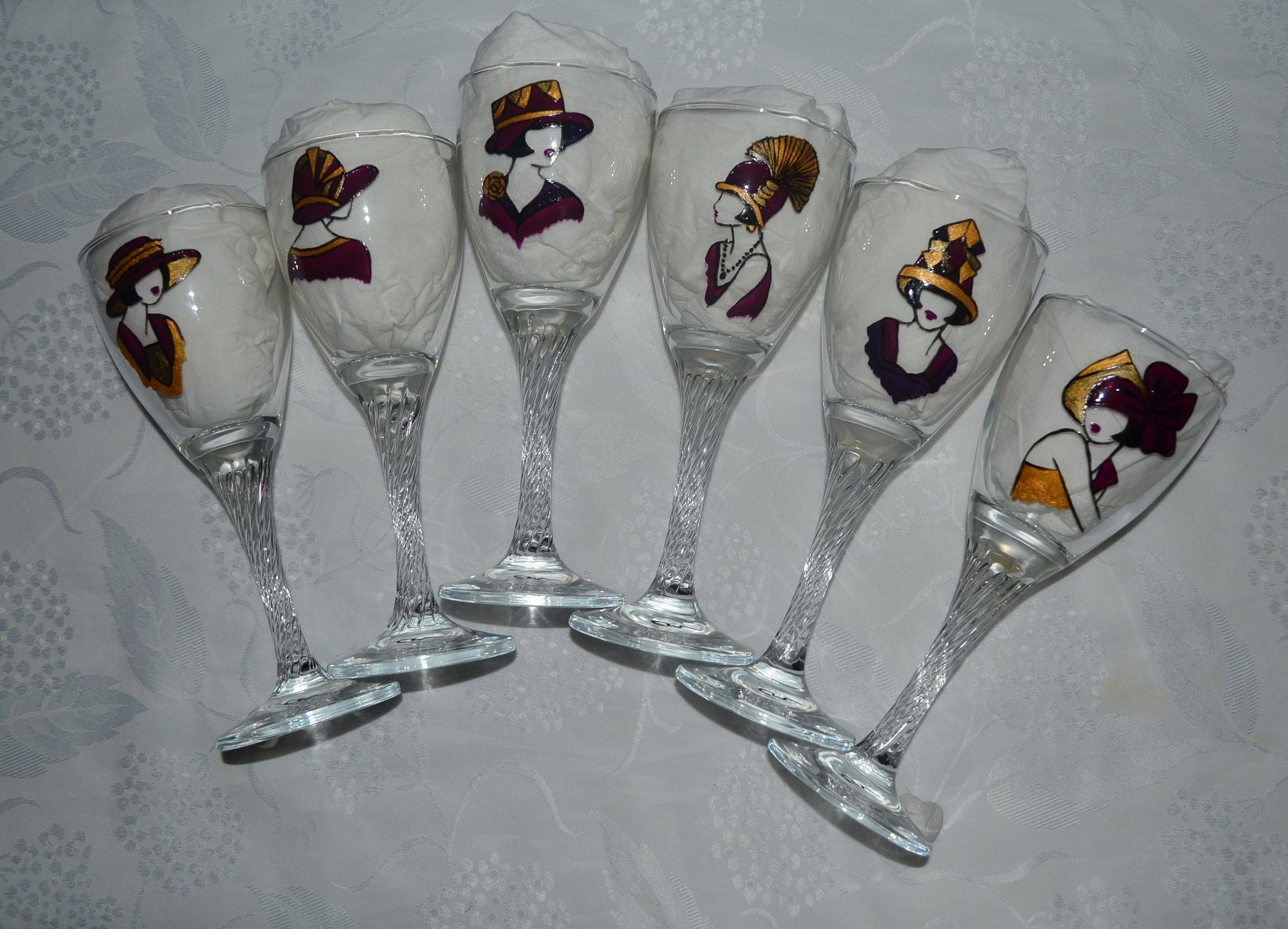 6 Verres à Vin Peints Femmes Chapeaux Pourpre et Or Personnalisables Etsy, Verres Rétro Art Déco, Ve