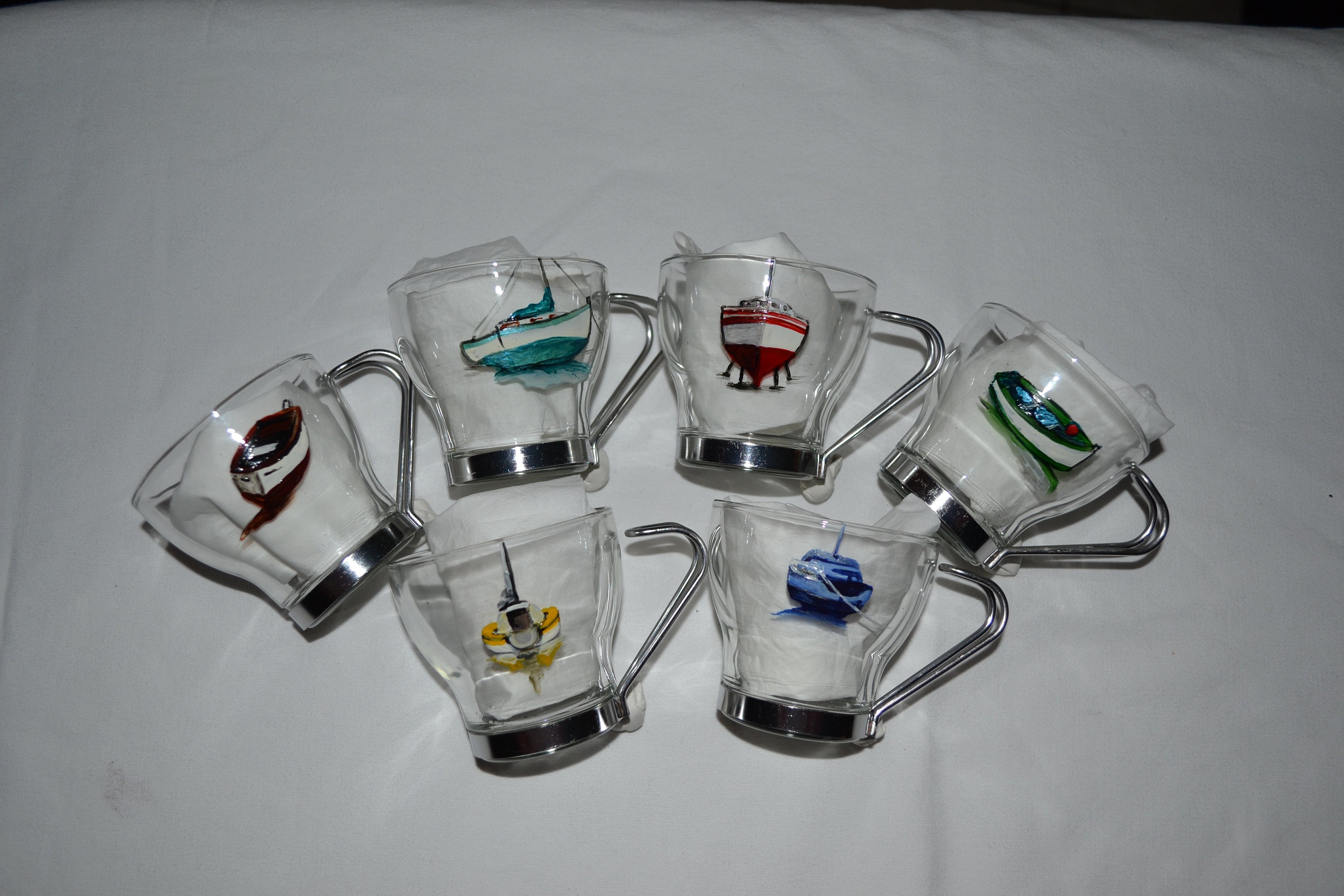 6 Tasses Expresso Françaises Peintes Bateaux Multicolores Etsy, Tasses Bateaux, Tasses Décorées Mer,