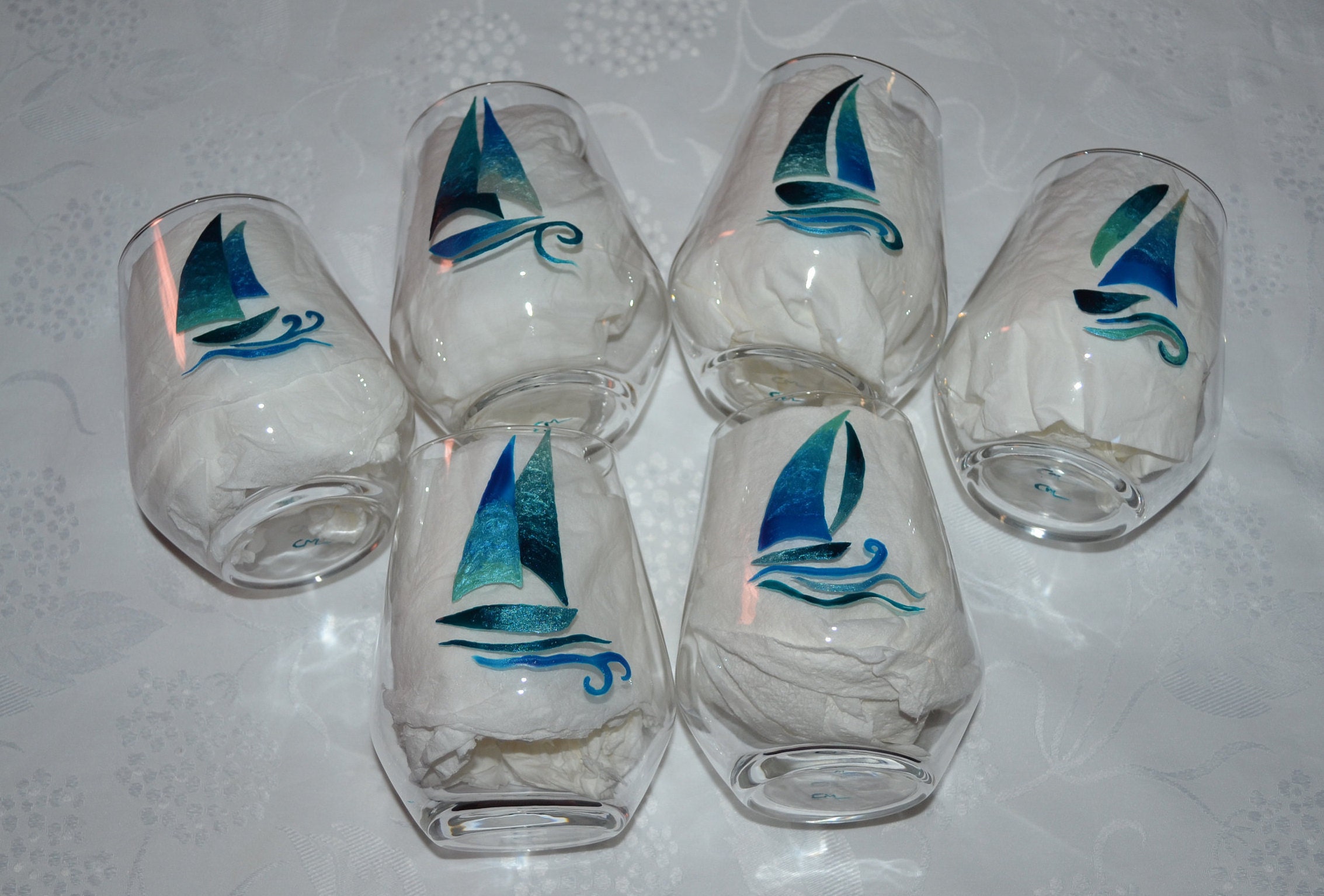 6 Verres Peints Voiliers Stylisés Bleus Etsy, Verres Bateaux Bleus, Verres Marins, Verres Bleu, Verr