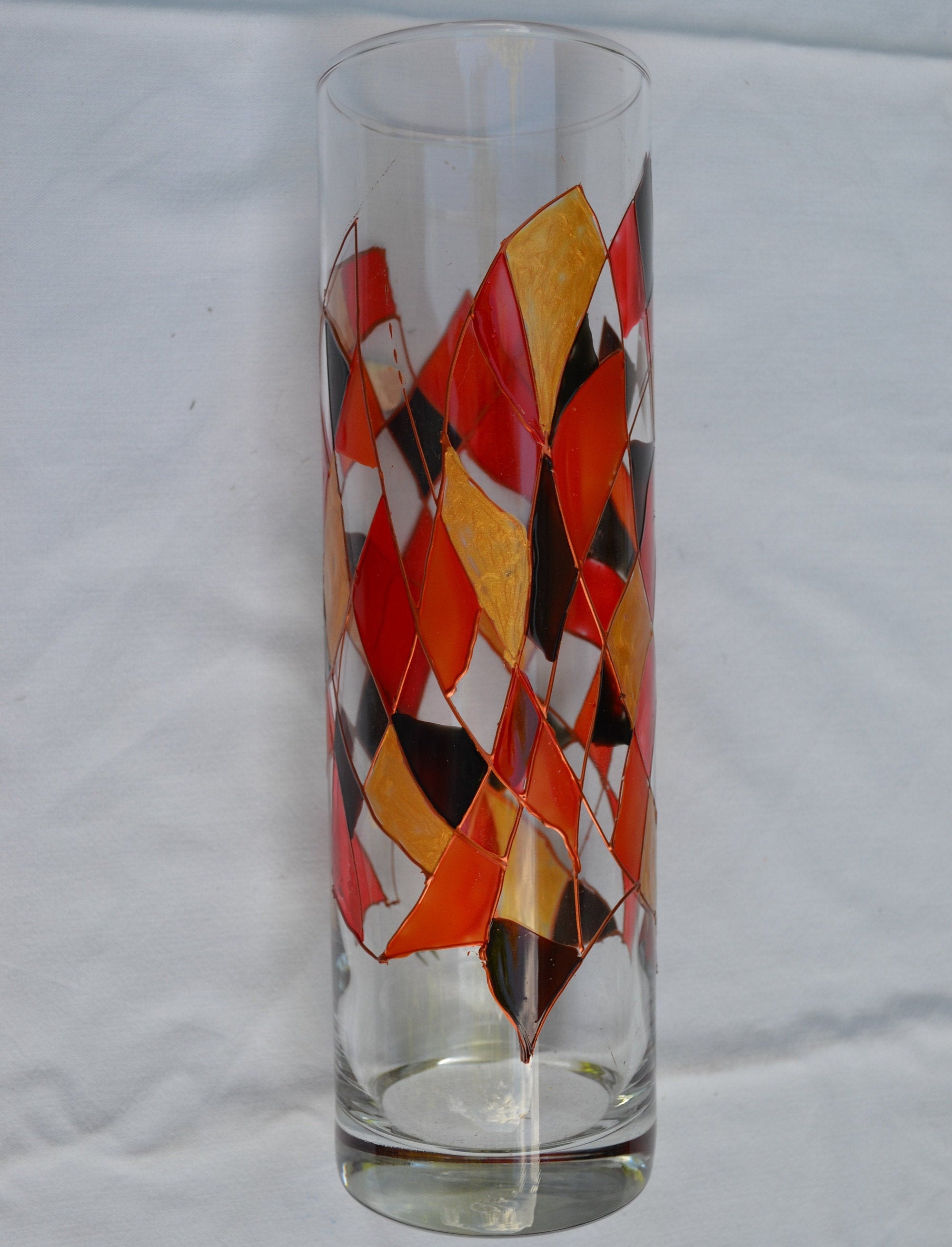 Vase Cylindre Peint Arlequin Couleurs Chaudes Etsy, Vase France, Vase Graphique Orange, Vase Orange 