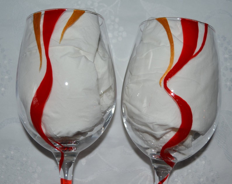 6 Red And Gold Volute Painted Wine Glasses Gold Red Ribbons Etsy