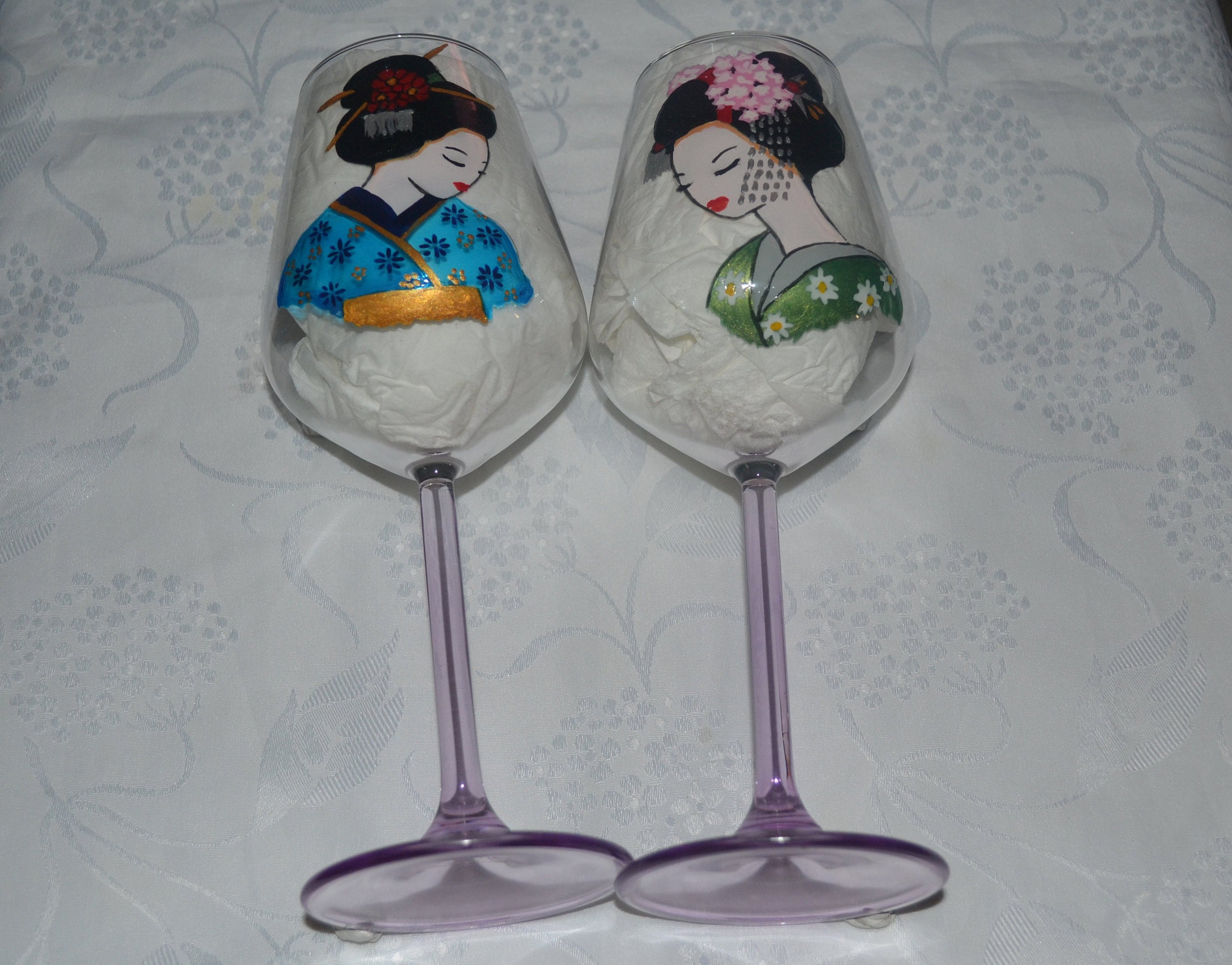 2 Grands Verres Peints Geishas Etsy, Verre Peint Kimono, Verres Japonaise, Kimonos, Verre Geisha, Ve