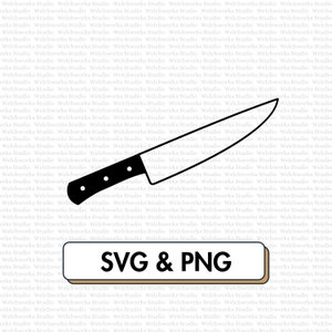 Può includere: Un disegno in bianco e nero di un coltello da cucina con manico. L'immagine include il testo "SVG & PNG".