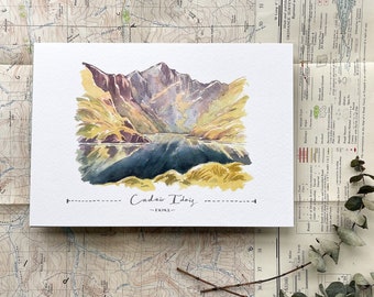 Snowdonia Illustrated Art Print of Cadair Idris, Snowdonia Mountain lake, Welsh Landscape Watercolour Painting, Wild swimming Home Decor