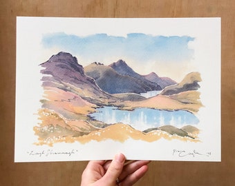 Mourne Mountain Art Print, Lough Shannagh and Doan Mournes landscape Co Down, Watercolour and Illustration painting, Irish Art, Home Decor