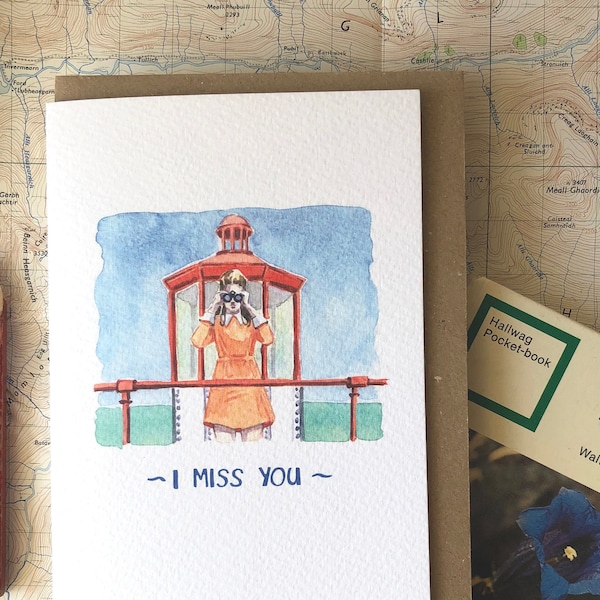 Moonrise Kingdom Illustrated Greeting Card, Wes Anderson inspired illustration, I Miss You message, movie art, watercolour painting A6 card.