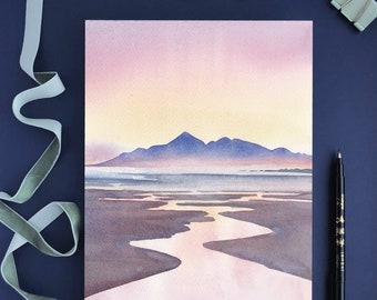 Sunset onTyrella beach Illustrated Art Print, Mourne Mountains and coastline landscape watercolour, Northern Ireland, Irish Wall Art Print