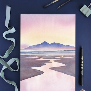 Sunset onTyrella beach Illustrated Art Print, Mourne Mountains and coastline landscape watercolour, Northern Ireland, Irish Wall Art Print