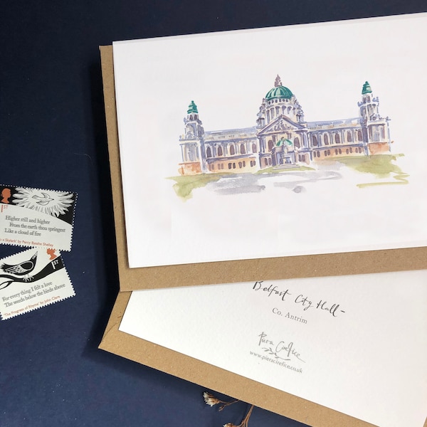 Belfast City Hall Illustrated Greeting Card, Northern Ireland Watercolour Painting Landmarks series, Belfast City, Buildings Card