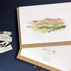 Cartão de felicitações ilustrado das montanhas Sperrin, série de marcos de pintura em aquarela da Irlanda do Norte, paisagem de Sperrins, cartão da Irlanda do Norte