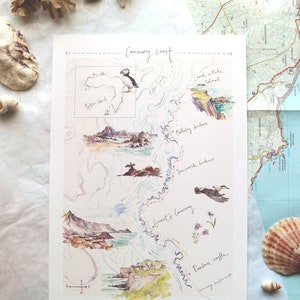 Carte illustrée de la côte de la Chaussée des Géants, impression A4, aquarelle, peinture de paysage, art irlandais, impressions d'art, chaussée des Géants, impression de voyage