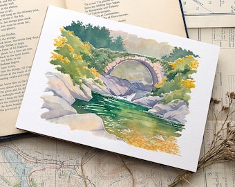 Mourne Mountain Art Print, Bloody Bridge, Newcastle Mournes Watercolour Illustration landscape painting,   River Pool Art Print