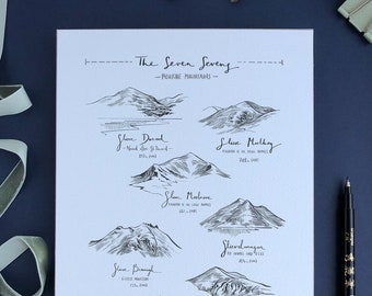 The Seven Sevens, Mourne Mountain Illustrated A4 Art Print, Black and White Drawing, Mountain Challenge Gift Idea,  Co. Down, N. Ireland Mts