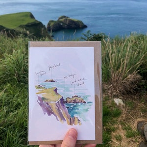 Carrick-a-Rede rope bridge Causeway Coast, Greeting Card. Co. Antrim, Northern Ireland, landscape card. Watercolour Painting, Illustration.