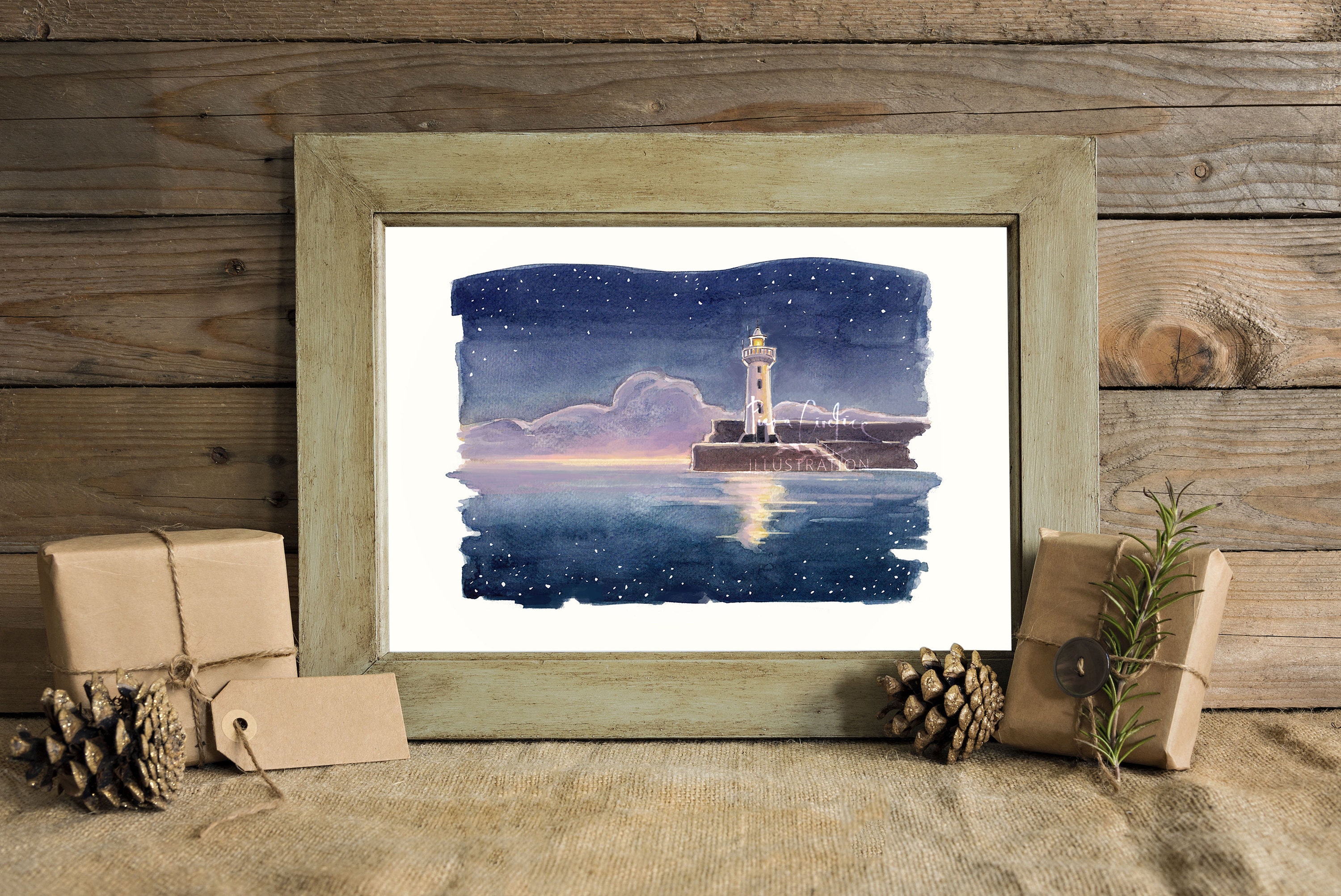 Donaghadee Lighthouse Illustrated Art Print, Night-sky Watercolour