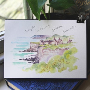 Dunluce Castle, Causeway Coast, Co. Antrim, Northern Ireland, Watercolour Painting, Illustration, Art Print. Travel, landscape Wall Art