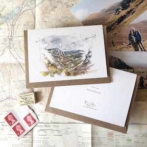 Mourne Mountain, Hare's Gap Greeting Card. Irlanda do Norte, Co.Down. Paisagem irlandesa, arte irlandesa. Pintura em aquarela. Cartão ilustrado.