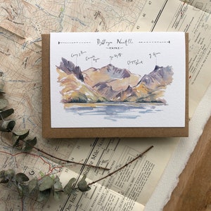 Nantlle Valley, biglietto di auguri illustrato Snowdonia, catena montuosa panoramica Snowdon, cartolina artistica con dipinto ad acquerello di paesaggio gallese