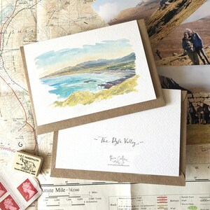 Dyfi Valley ilustracja kartkę z życzeniami, akwarela malarstwo Ceredigion przybrzeżnej ścieżki, Cardigan Bay, Ynyslas, Eryri, walijska sztuka krajobrazu