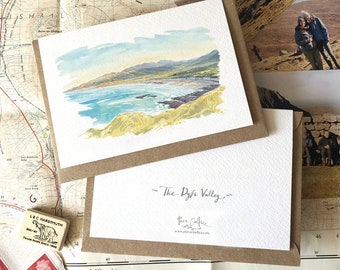 Dyfi Valley Illustration Greeting Card, Watercolour painting of Ceredigion Coastal Path, Cardigan Bay, Ynyslas, Eryri, Welsh Landscape Art