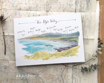 Dyfi Valley Illustration Art Print, Watercolour painting, Welsh Landscape Art with labels, Ceredigion Coastal Path, Cardigan Bay, Home Decor