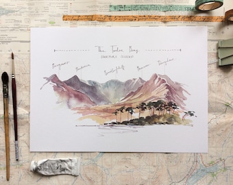 The Twelve Bens mountain range watercolour Illustration Print, Derryclare Lough, Connemara, Co. Galway, Mountainscape Landscape Irish Art