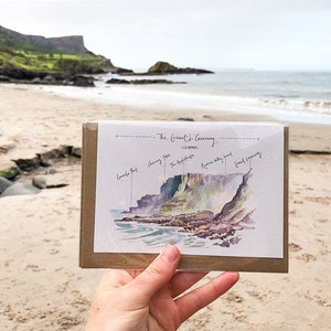 Giant's Causeway, East Facing, Greeting Card. Causeway Coast, Co. Antrim, Northern Ireland. landscape Watercolour Painting, Illustration.