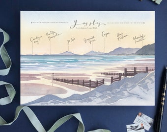 Ynyslas zonsondergang illustratie Art Print, aquarel, Welsh landschapskunst met labels, Ceredigion Coastal Path, Cardigan Bay, Ynyslas