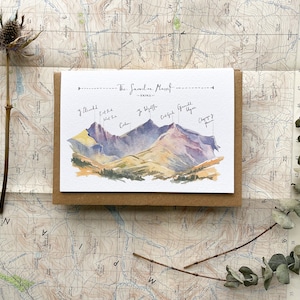Cartão de felicitações ilustrado de Snowdonia do maciço de Snowdon, cordilheira panorâmica de Snowdon, pintura em aquarela de paisagem galesa, Yr Wyddfa