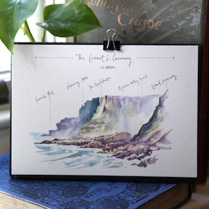 The Giant's Causeway, Causeway Coast, Irlanda del Nord, stampa artistica illustrata ad acquerello. Viaggio, pittura di paesaggio, arte murale