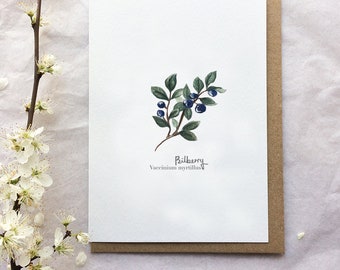 Bilberry Botanical Illustration Greeting Card, Mourne Mountain Wild Flora Watercolour Painting, Mother's Day Card