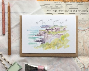 Dunluce Castle Causeway Coast, Greeting Card. Co. Antrim, Northern Ireland. Travel, landscape card. Watercolour Painting, Illustration.