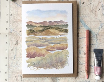 Ynys-hir illustratie wenskaart, aquarel, Welsh landschapskunst, Dyfi Valley, RSPB natuurreservaat, geïllustreerd stationair