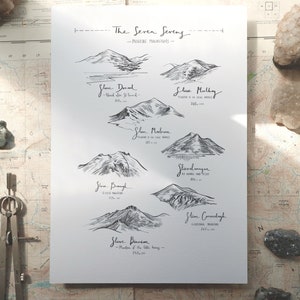 The Seven Sevens, Mourne Mountain Illustrated A4 Art Print, Black and White Drawing, Mountain Challenge Gift Idea,  Co. Down, N. Ireland Mts