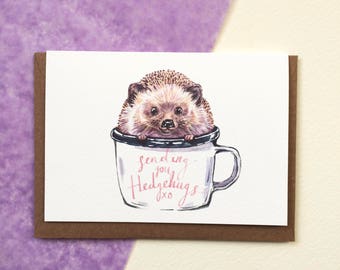 Hedgehog cute Greeting Card. Sending you Hedge-hugs typography, watercolour painting Illustration. Illustrated card, Mother's Day.