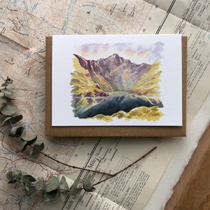 Snowdonia Cartão de felicitações ilustrado de Cadair Idris, Snowdonia / Eryri, Paisagem de lago de montanha Pintura em aquarela, Snowdonia Wild Swim