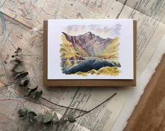 Snowdonia Illustrated Greeting Card of Cadair Idris, Snowdonia / Eryri,  Mountain lake Landscape Watercolour Painting, Snowdonia Wild Swim