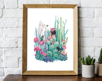 Frida Kahlo Portrait and Botanical Succulent and Aloe Watercolour Illustrated Art Print, end of the line SALE!