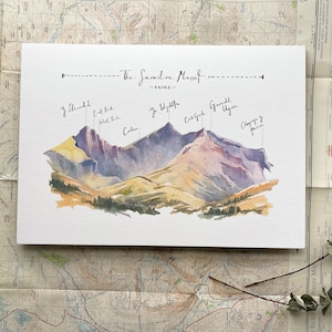 Snowdonia Illustrated Art Print of The Snowdon Massif Illustrated Art Print, Snowdon Panorama Mountain Range, Welsh Landscape Watercolour