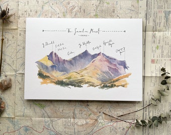 Snowdonia Illustrated Art Print of The Snowdon Massif Illustrated Art Print, Snowdon Panorama Mountain Range, Welsh Landscape Watercolour