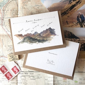 Biglietto d'auguri Mourne Mountain. Co. Down, Irlanda del Nord, dipinto ad acquerello di paesaggi, cartolina illustrativa. Montagne, viaggi, festa della mamma