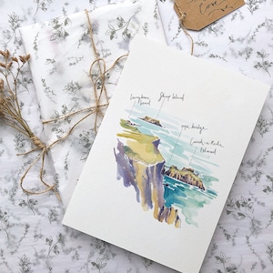 Carrick-a-Rede rope bridge Art Print, Irish Landscape Painting, Watercolour Print, Northern Irish, Causeway Coast Illustration.