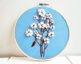 Nature inspired home gift Framed embroidery hoop art Cotton flowers decor