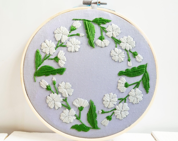 White flowers wreath embroidery hoop art Floral hand embroidered flower Framed wall decor gift