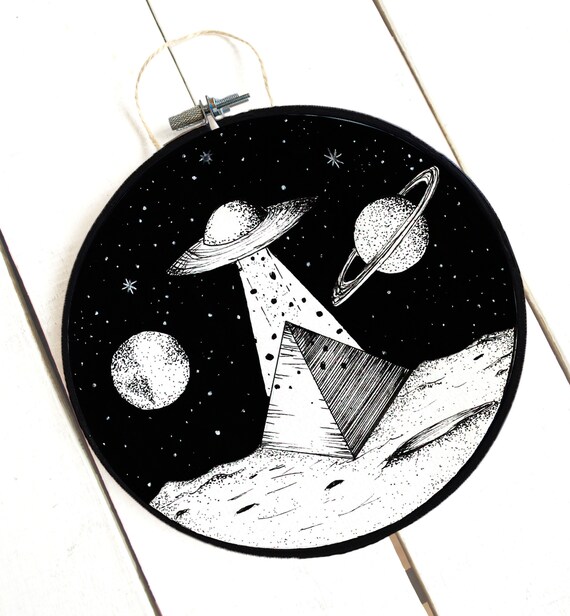 Ufo Wall Art Monochrome Hoop Art Tumblr Room Decor Out Space Banner Planet Decoration