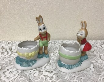 Bunny Boy & Girl Egg Candy Holders Interpur Sweet Porcelain Easter Decor