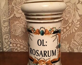 Porcelain Apothecary Jar Ol Rosarum 1800's Drug Store Canister Medical Very Rare