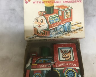 Yuletide Windup Locomotive in Box Vintage Tin Christmas Toy Super Rare