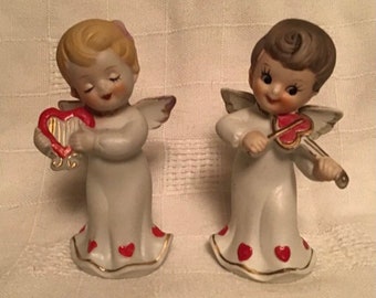 Lefton Valentine Angels Girl & Boy Figurines with Heart Instruments Adorable Holiday Decor